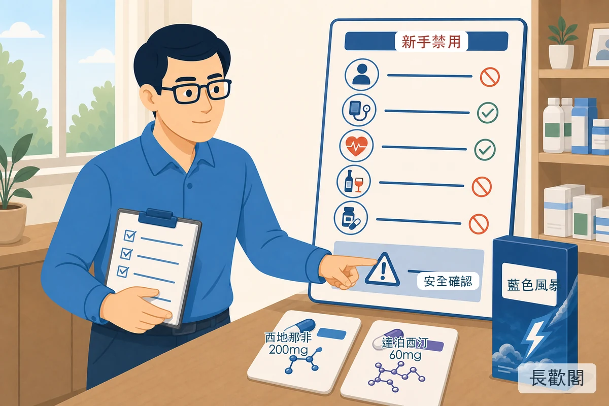 男性站立查看藍色風暴新手禁用、西地那非與達泊西汀安全確認清單