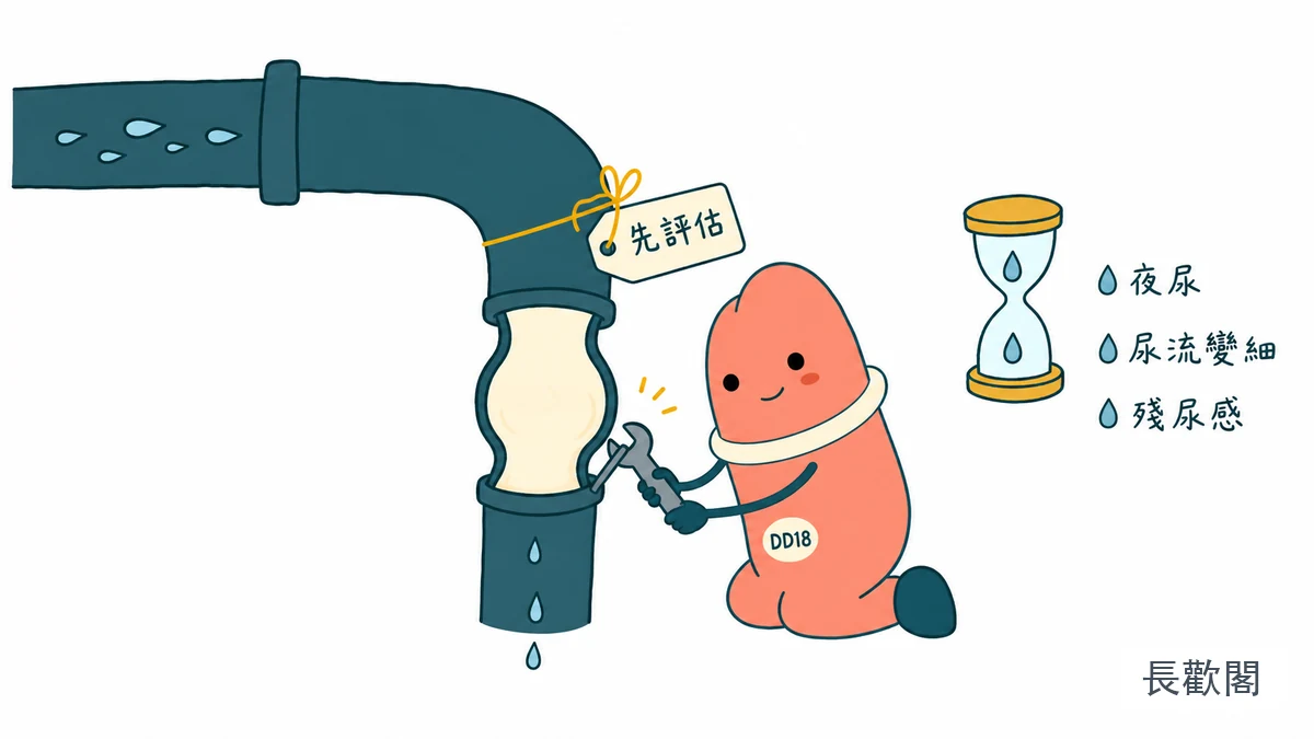 DD18角色整理夜尿與尿流變細的男性泌尿健康示意圖