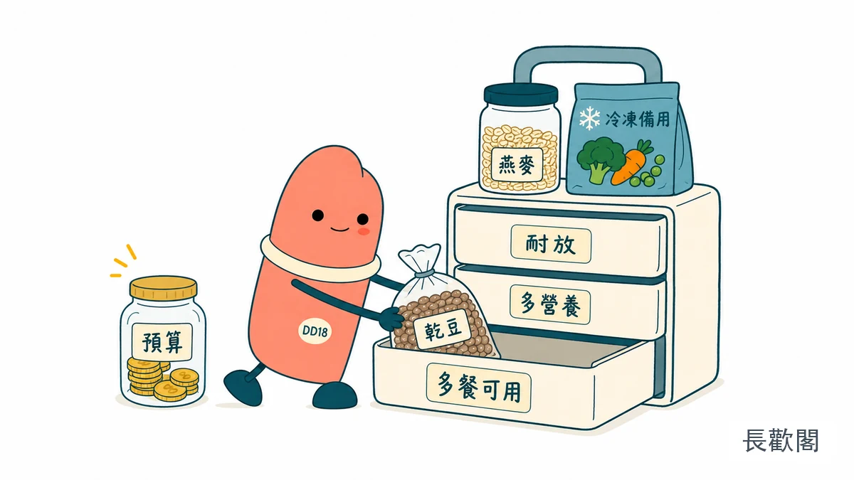 DD18角色整理低預算均衡飲食食材的男性健康示意圖