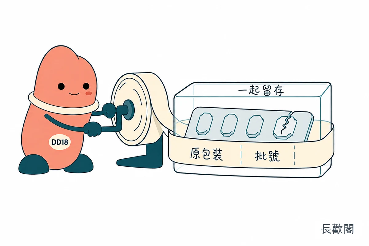 錠劑裂開後將原包裝與批號一起留存的示意圖