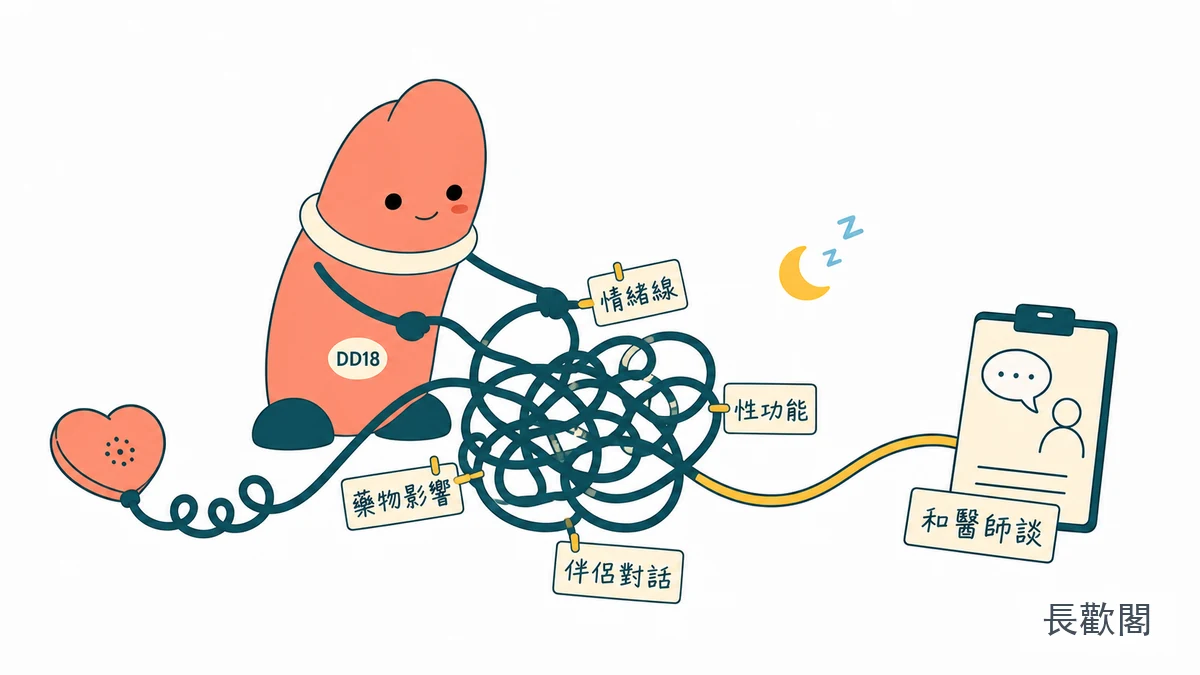 DD18角色整理憂鬱與男性性功能線索的示意圖