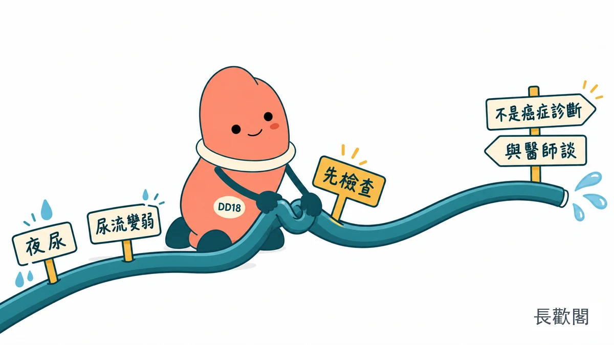 DD18角色整理排尿變化與攝護腺健康提醒的男性健康示意圖