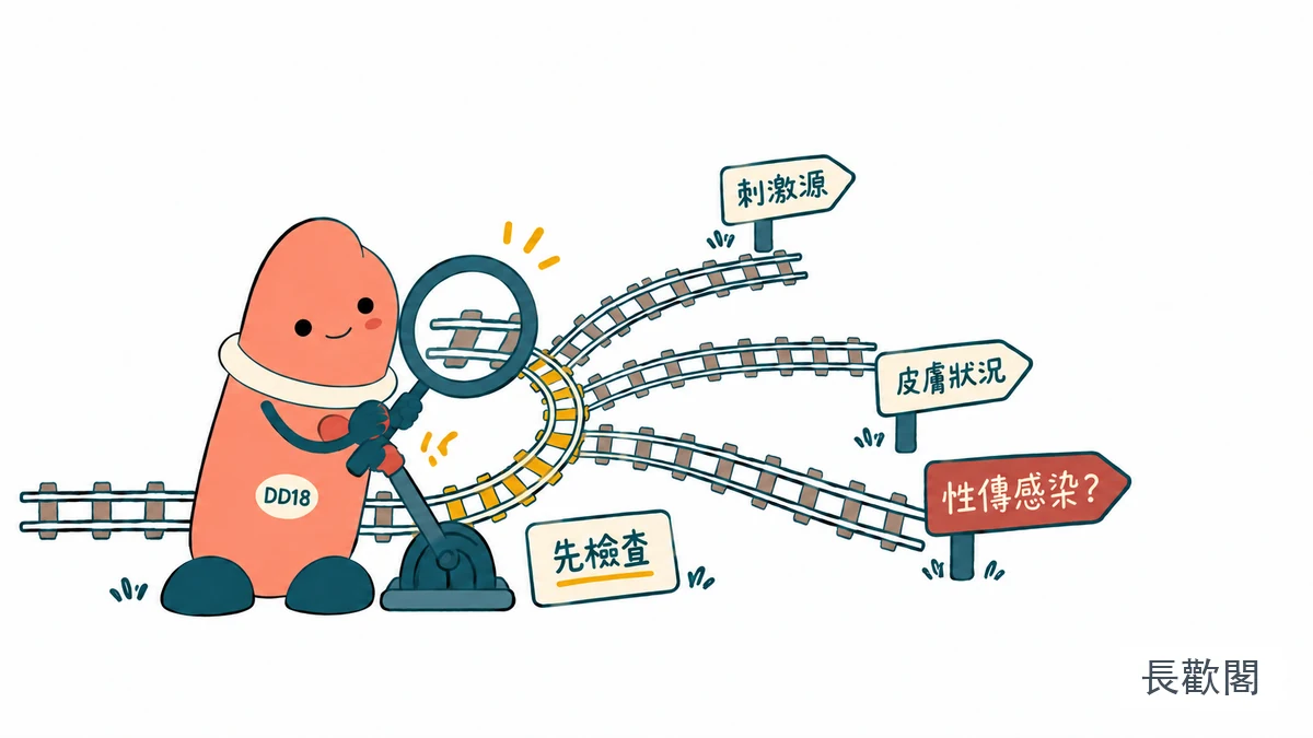 DD18角色整理私密處搔癢與性傳染感染判斷的男性健康示意圖