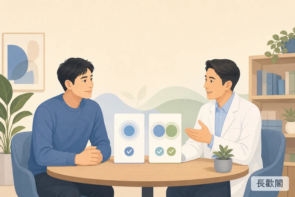 男性健康諮詢情境，協助比較單效果凍威而鋼與綠P雙效果凍的需求差異