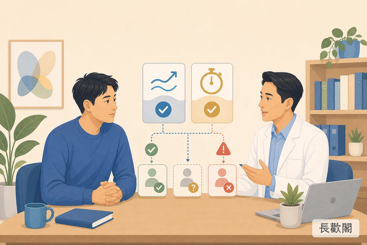 男性健康諮詢情境，協助理解伐地那非加達泊西汀雙效片不一定適合所有人