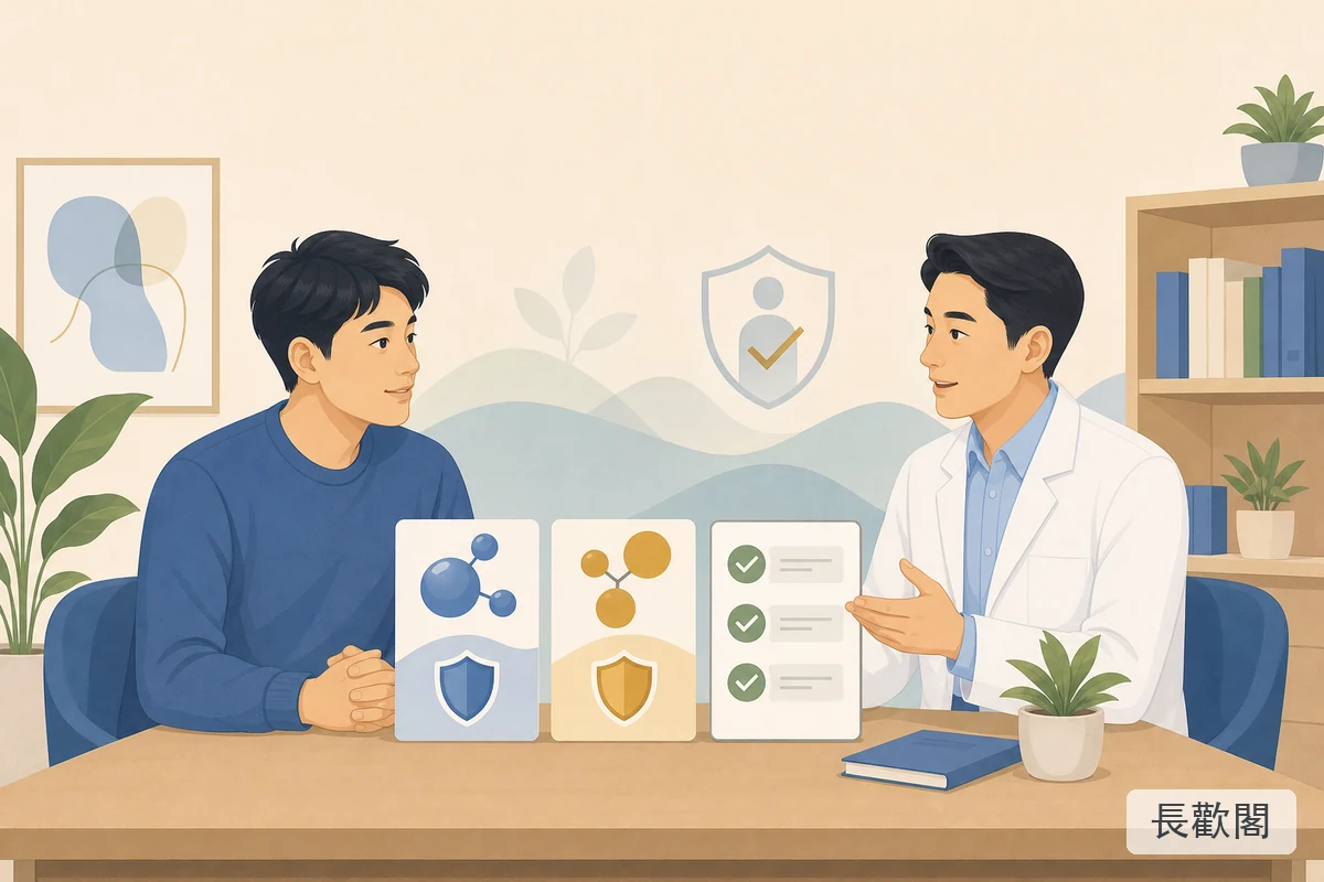 男性健康諮詢情境，協助理解樂威壯成分與印度金鑽雙效片安全核對