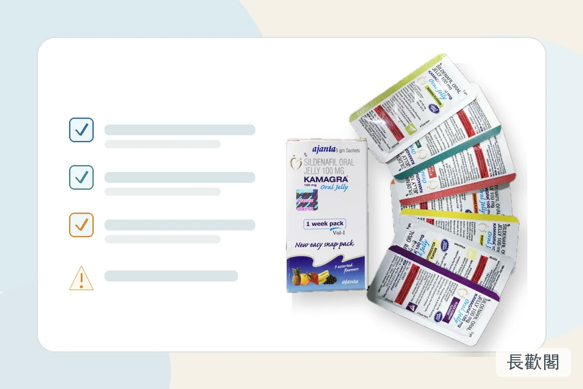 Kamagra 泰國果凍外盒與果凍包裝示意，提醒使用前核對成分與來源