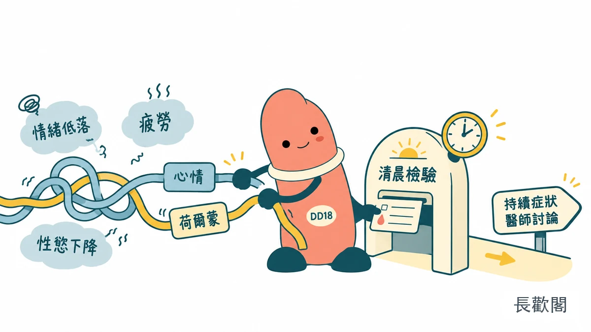 DD18角色整理低睪固酮症狀與清晨檢驗的男性健康示意圖