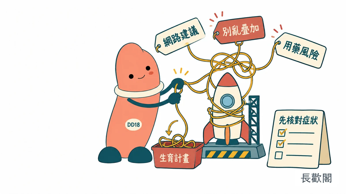 DD18角色整理男性優化堆疊與用藥風險的示意圖