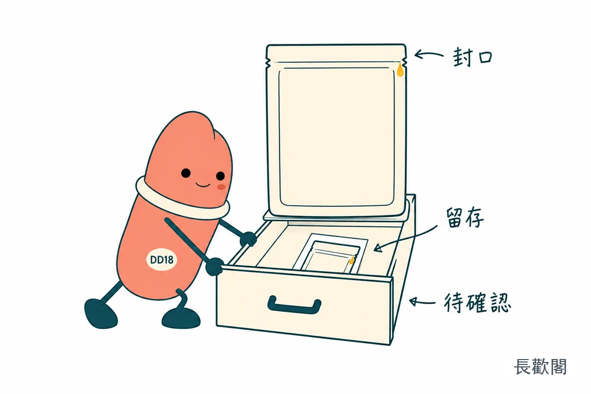 果凍包裝滲漏時檢查封口並留存照片的示意圖