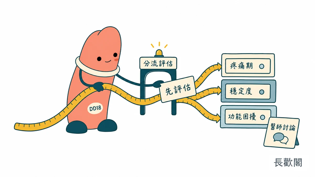DD18角色整理佩羅尼氏症治療評估路徑的男性健康示意圖