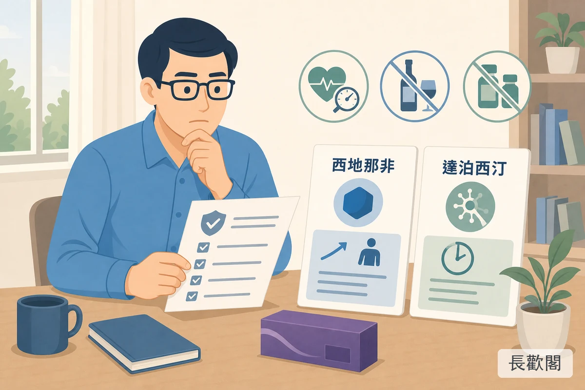 男性查看西地那非與達泊西汀成分卡和安全確認清單