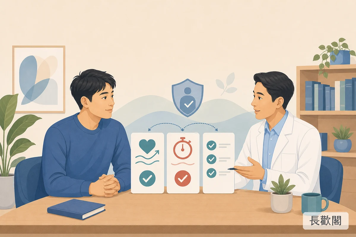 男性健康諮詢情境，協助第一次理解紅水鬼雙效片的助勃與延時安全核對
