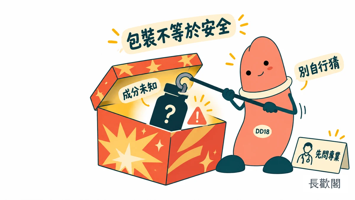DD18角色核對成分不明性功能產品的男性健康示意圖