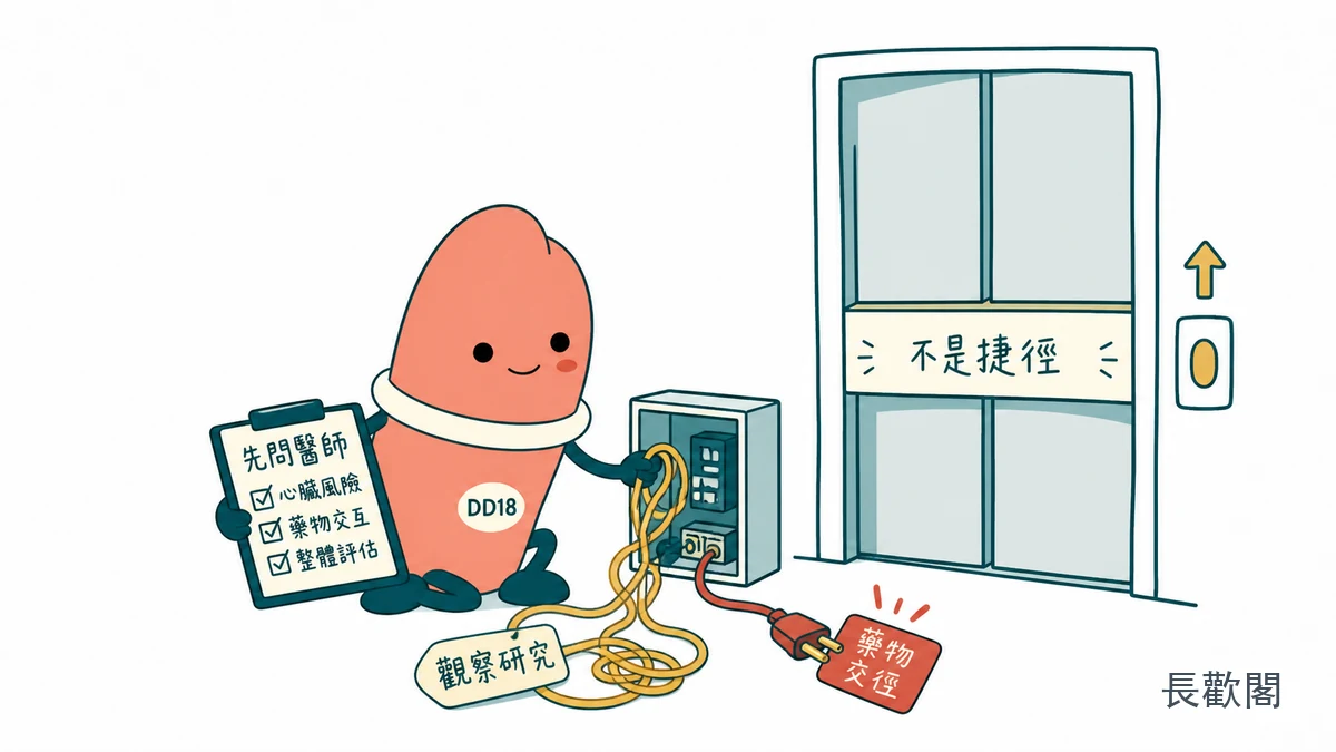 DD18角色整理他達拉非長壽說法與用藥安全核對的男性健康示意圖