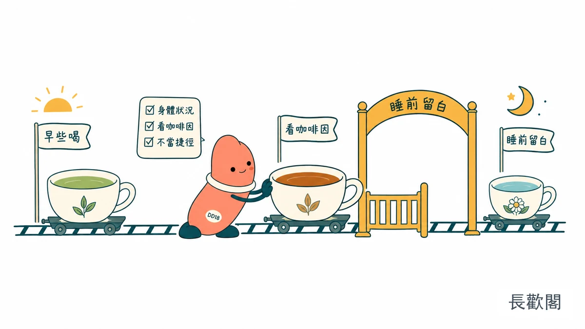 DD18角色整理喝茶時間與咖啡因選擇的男性日常健康示意圖