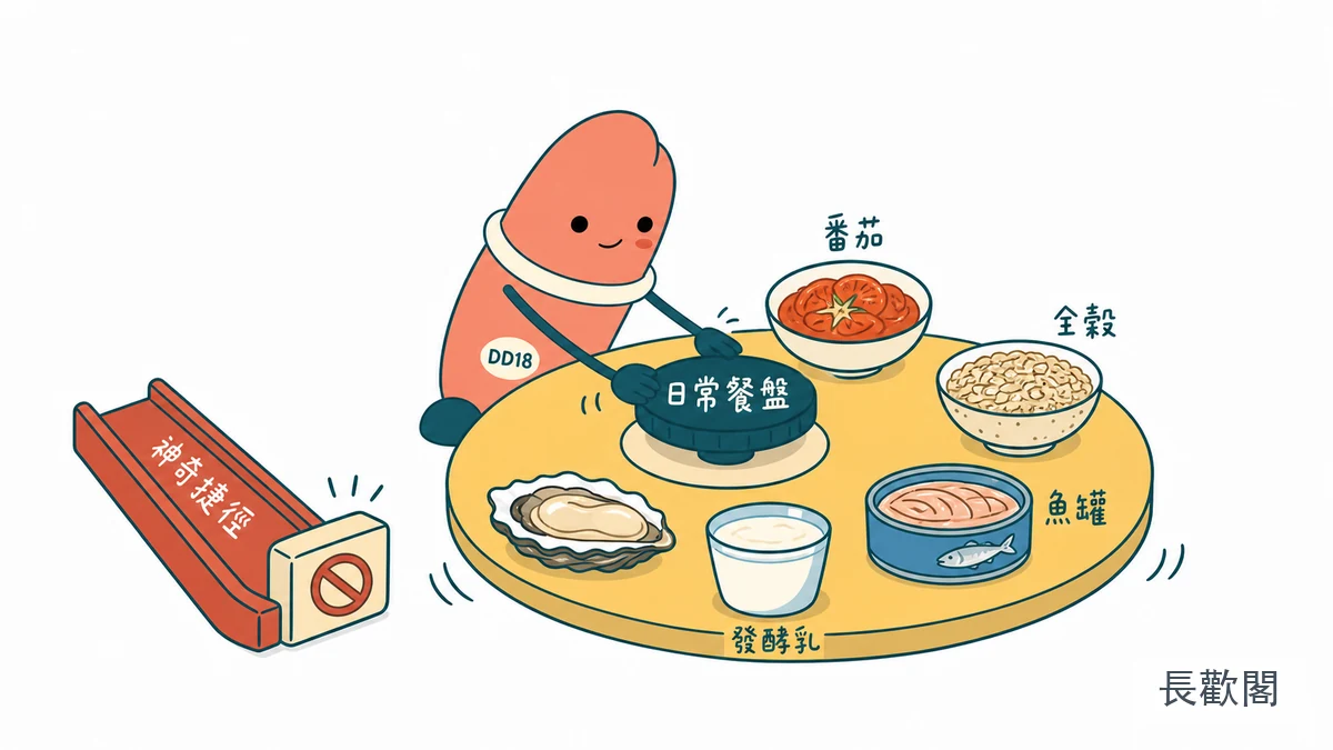 DD18角色整理日常餐盤與男性健康食物組合示意圖