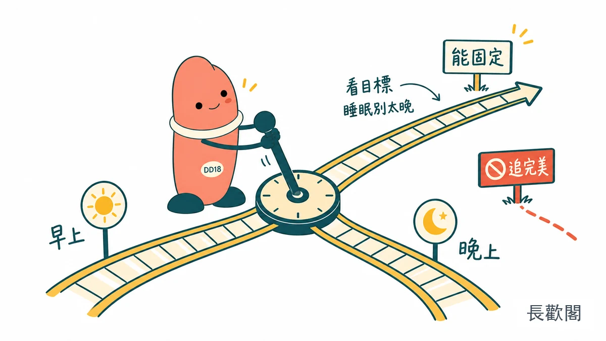DD18角色整理運動時間與規律習慣的男性健康示意圖