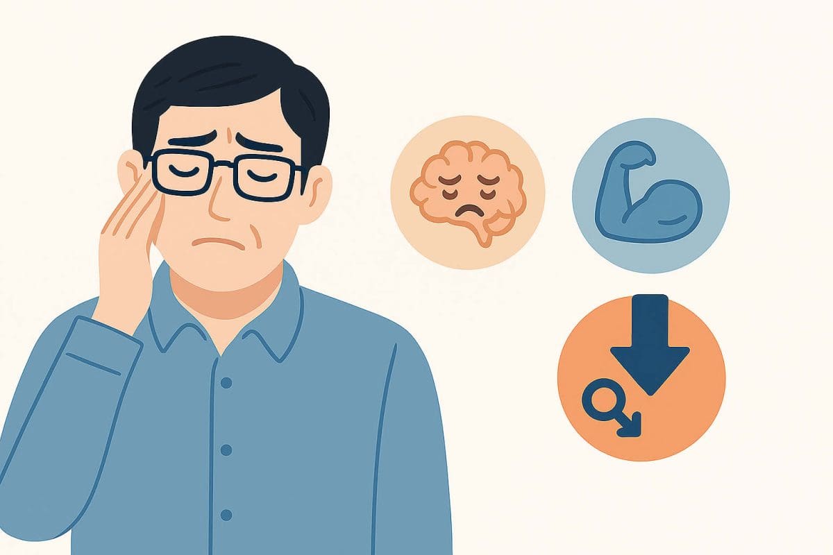 一名疲憊的上班族坐在辦公桌前，象徵現代男性的壓力與無力感