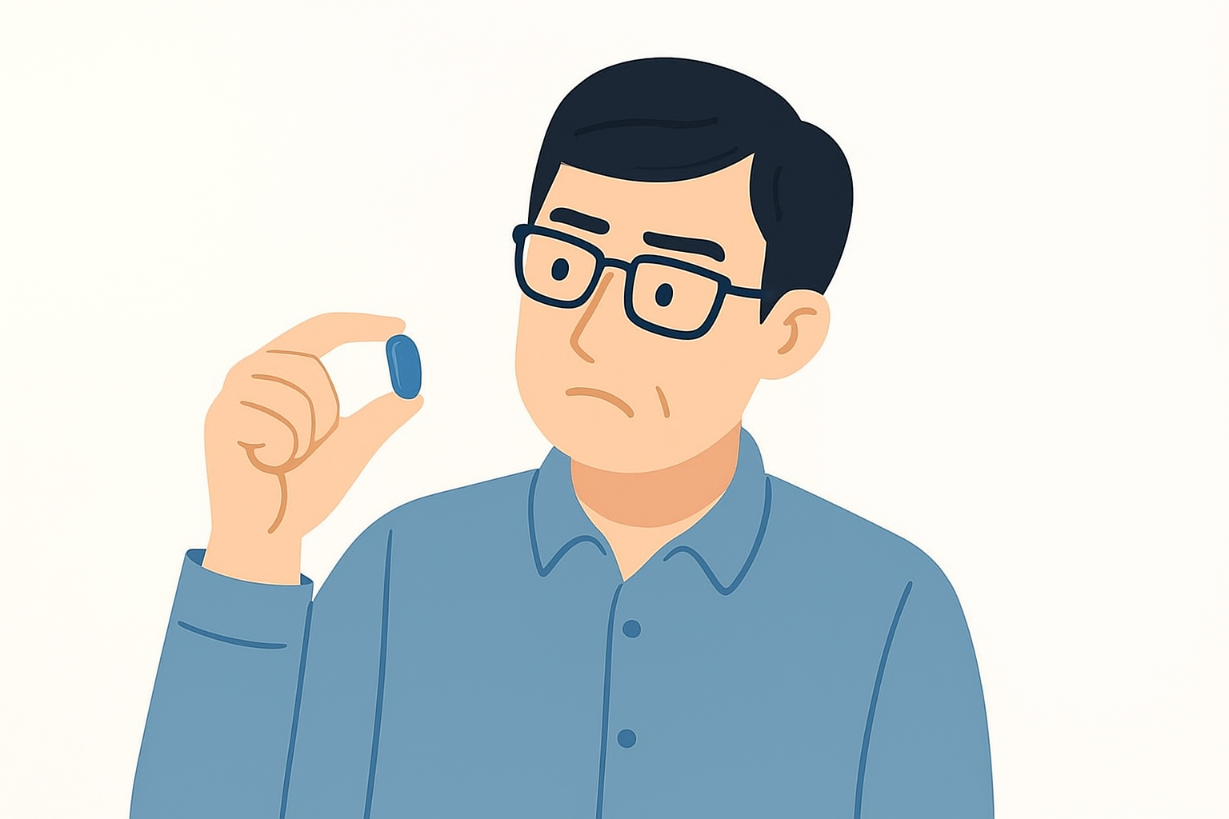 一名男性坐在床邊，神情困惑地看著手中的印度藍P藥丸